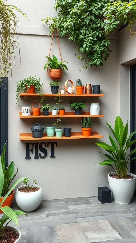Vertical wall shelves with potted plants on a patio