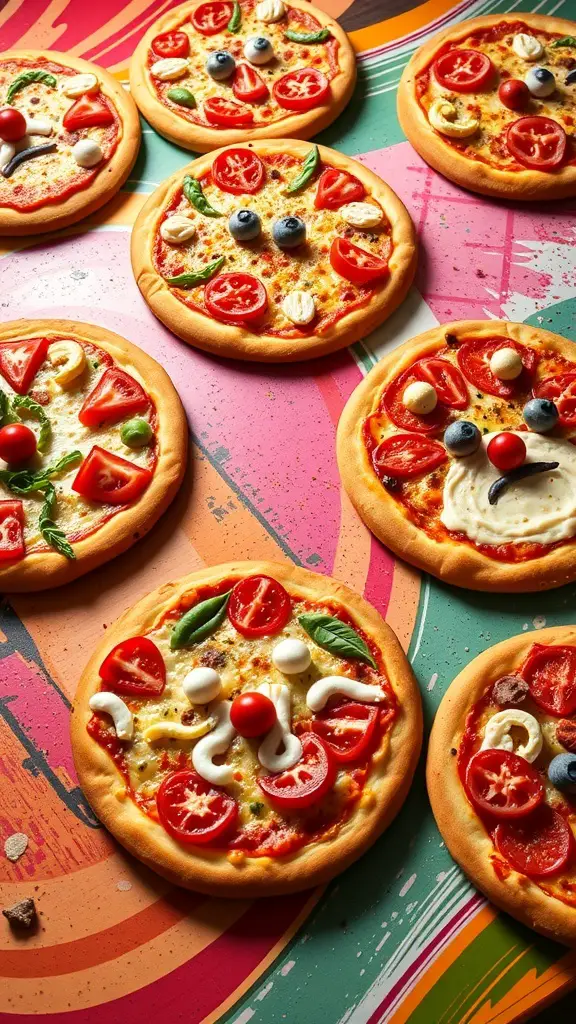Colorful mini pizzas decorated as faces with various toppings.