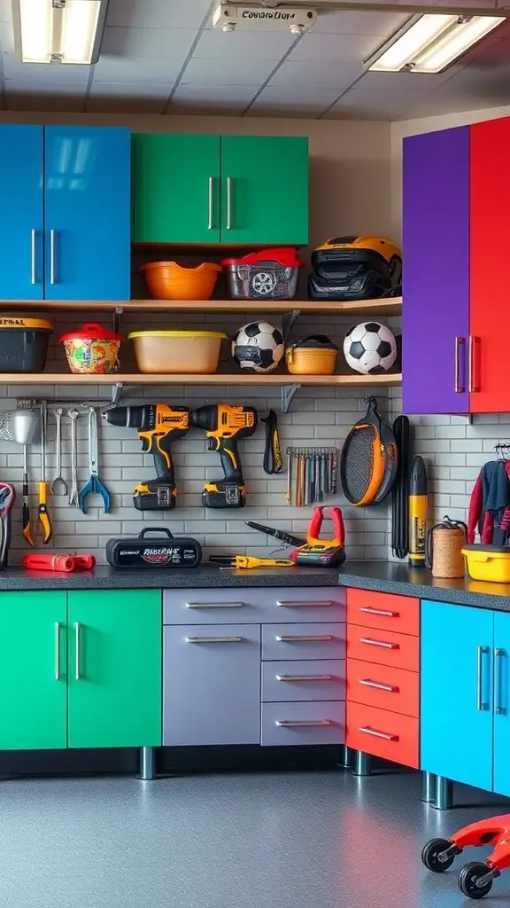 27+ Stylish Garage Cabinet Ideas for an Organized Space 9 Colorful garage cabinets in blue, green, red, and purple with organized tools and equipment.