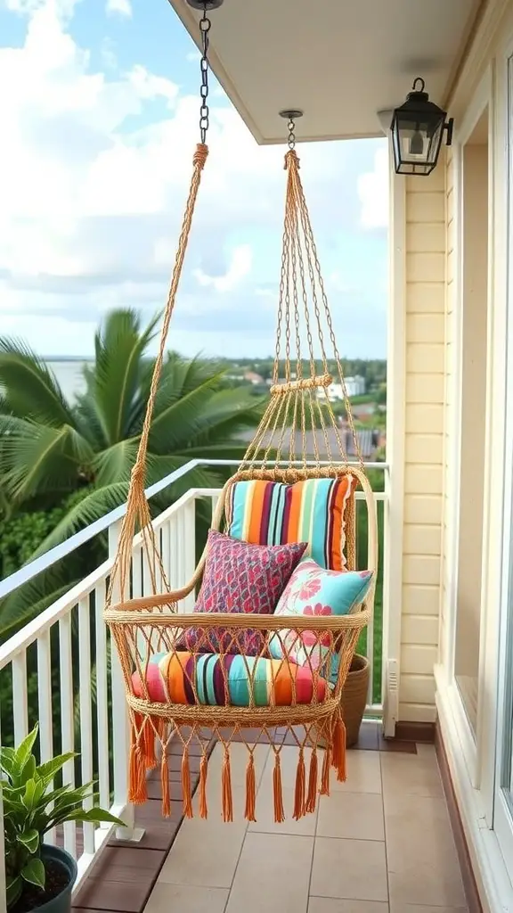 A cozy hammock chair with colorful cushions on a small balcony