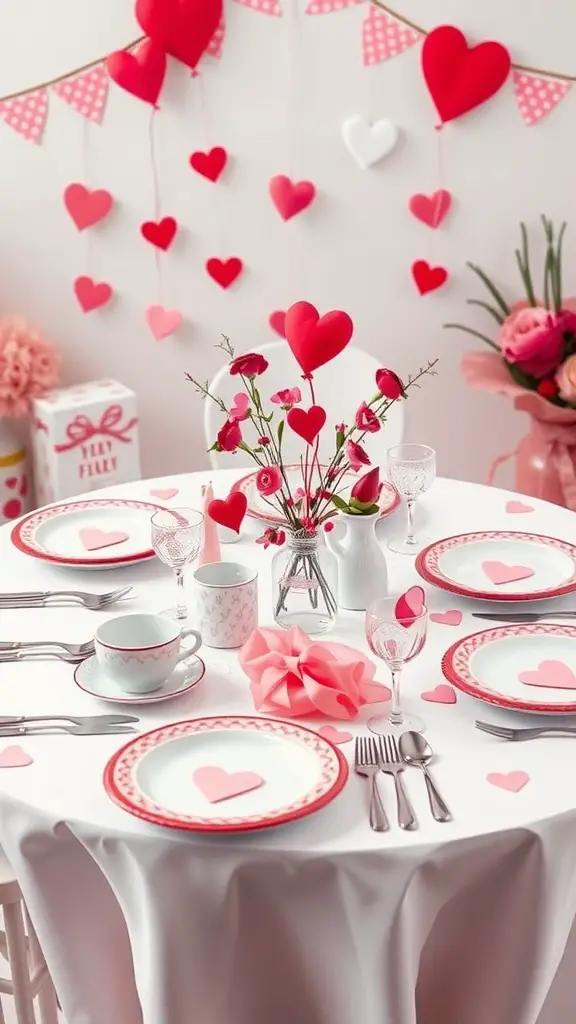 29+ Stunning Valentine's Tablescape Ideas to Impress Your Sweetheart 5 A Valentine's Day tablescape featuring heart-shaped decorations, pink and red colors, and a romantic atmosphere.