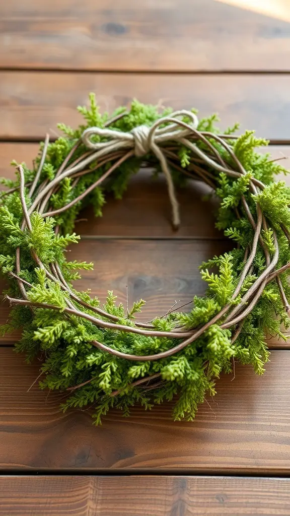 A moss and twine wreath on a wooden table