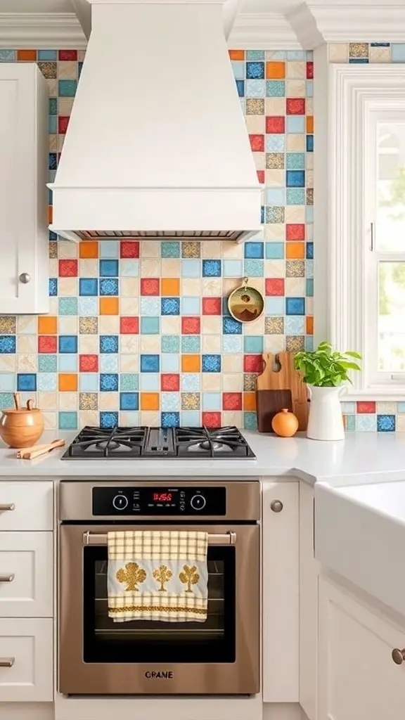 Colorful patterned tile backsplash in a modern kitchen