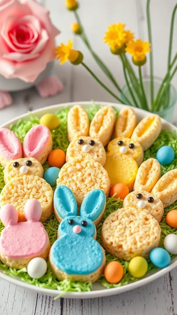 45+ Delightful Easter Desserts You Must Try This Year 12 A colorful platter of Marshmallow Peeps Rice Krispie Treats shaped like bunnies and chicks, surrounded by candy eggs and decorative grass.