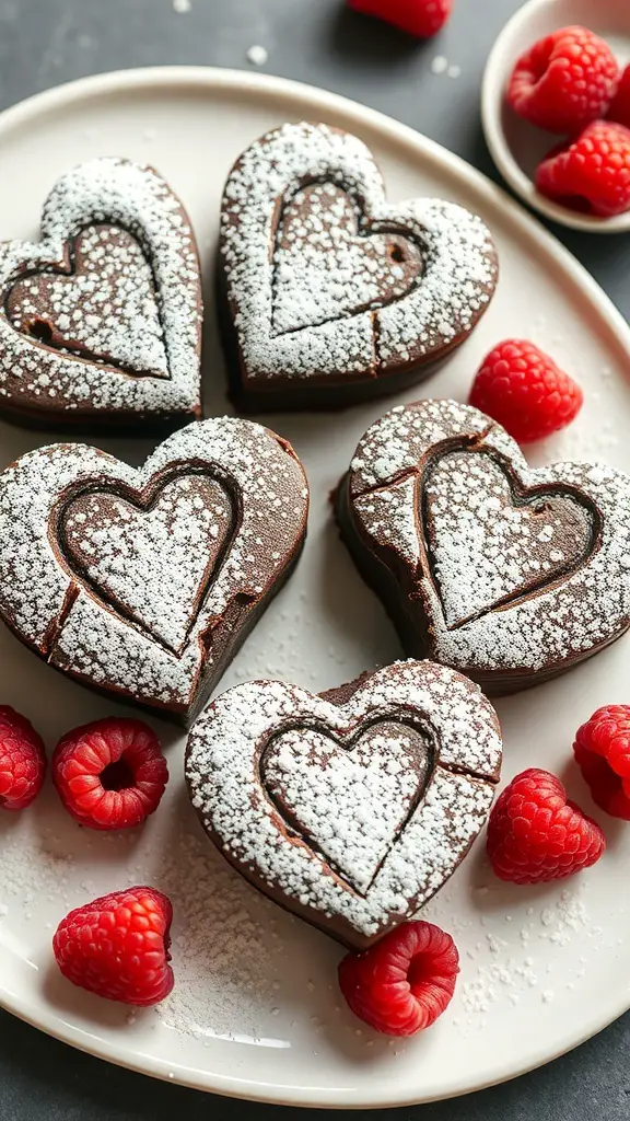 23+ Heart-Shaped Food Ideas 14 Heart-shaped chocolate brownies dusted with powdered sugar, surrounded by fresh raspberries.