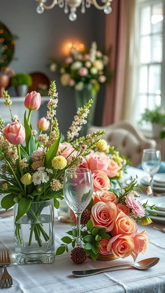 A spring table centerpiece featuring colorful flowers in a vase, with a dining setup.
