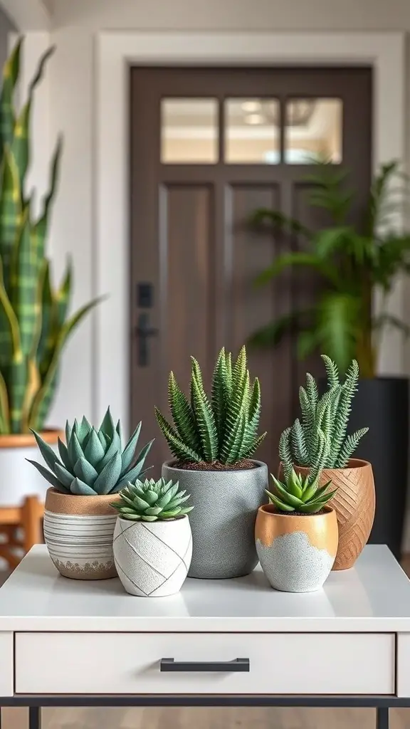 A stylish entryway table with various succulents in decorative pots.
