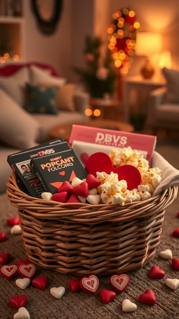 23+ Creative Valentine's Day Basket Ideas 4 A wicker basket filled with DVDs, popcorn, and heart-shaped candies, perfect for a romantic movie night.