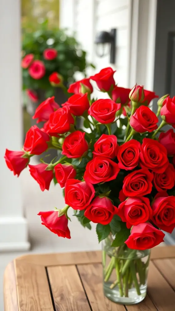A vibrant arrangement of red roses in a clear vase on a porch table, with additional red roses in hanging pots in the background.