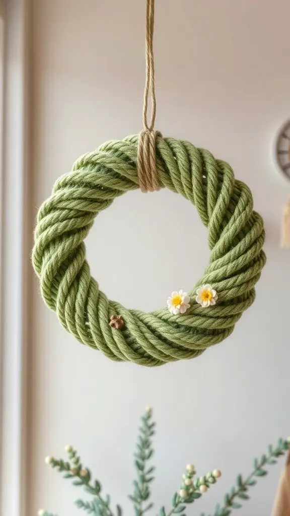 A green yarn-wrapped wreath with small flowers, hanging decoratively.