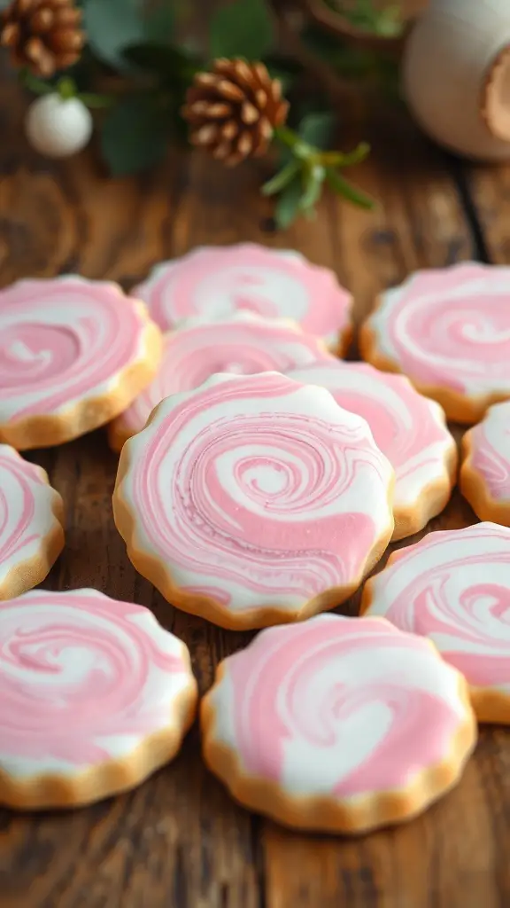 Marbled sugar cookies with pink and white icing on a wooden table