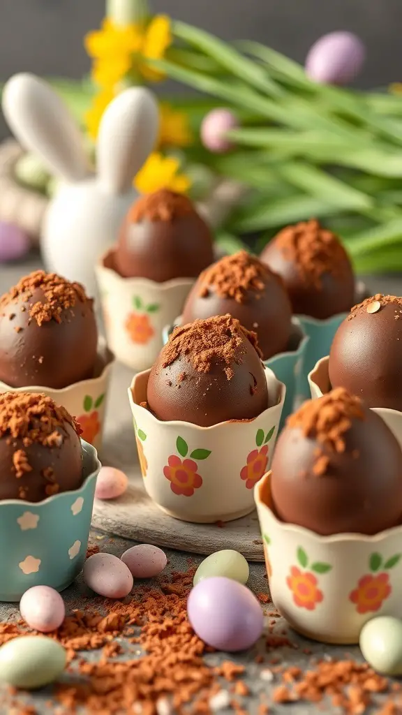 A display of chocolate egg truffles in decorative cups, surrounded by pastel candies and flowers.