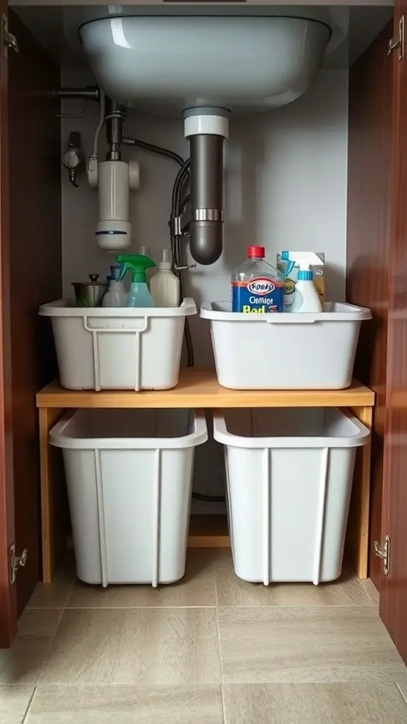 Organized under-sink area with bins and cleaning supplies