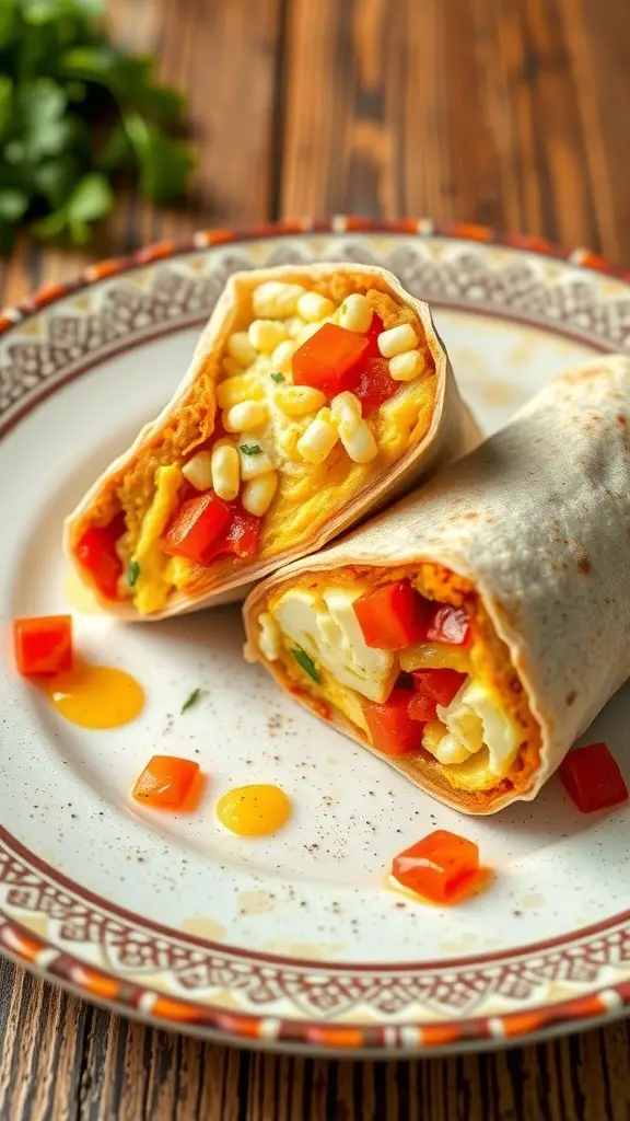 Savory breakfast burritos filled with eggs, corn, and diced tomatoes on a decorative plate.