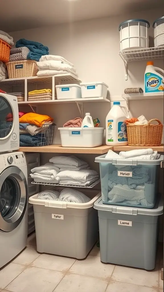 Organized laundry room with labeled plastic bins and shelves