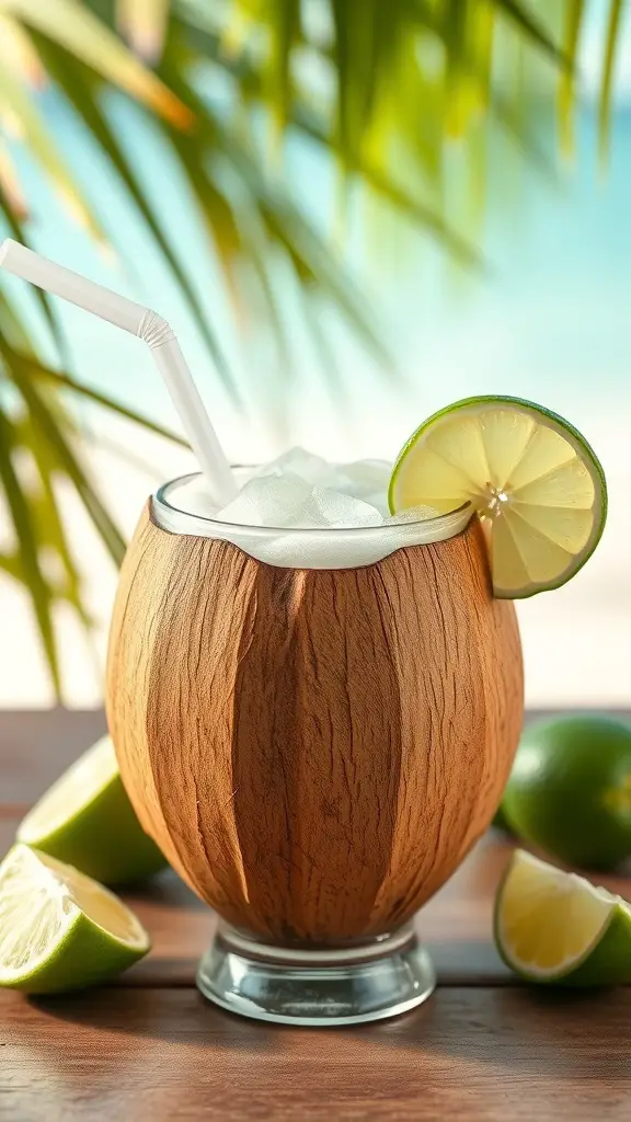 A refreshing Coconut Lime Refresher mocktail served in a coconut-shaped glass with lime slices.