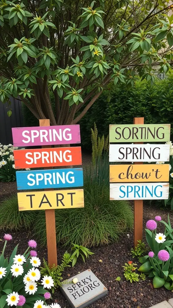 Colorful painted wooden signs displaying the word 'SPRING' and playful phrases in a garden setting.