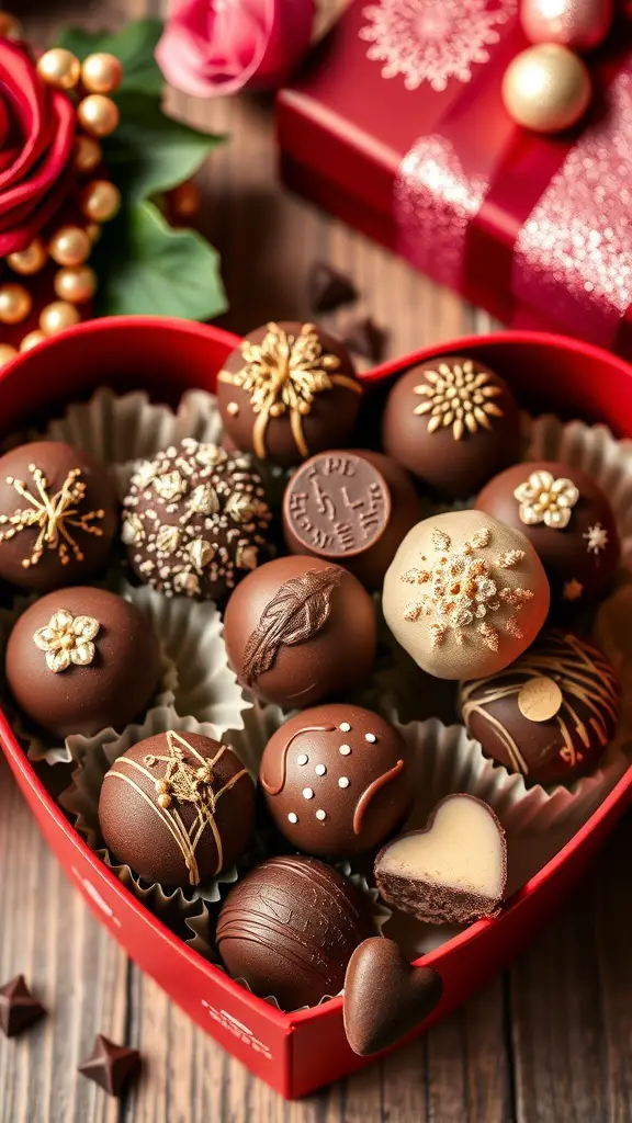 An assortment of beautifully decorated chocolate truffles in a heart-shaped box, surrounded by roses and a gift.