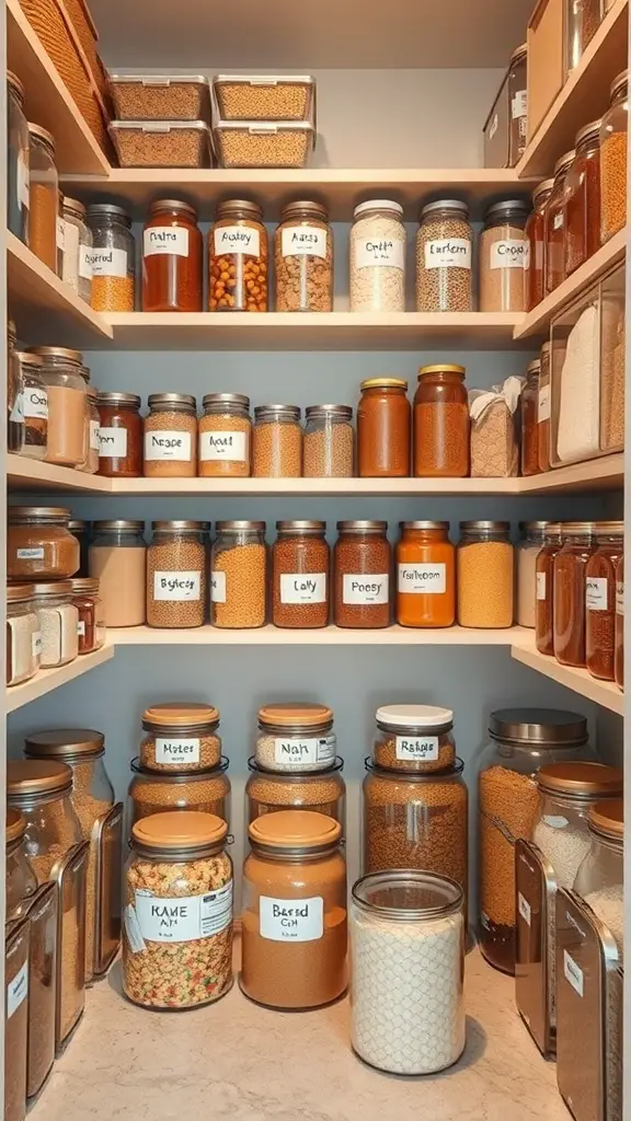 29+ Creative Small Pantry Ideas to Maximize Space 14 Organized pantry with labeled jars and containers for easy identification.