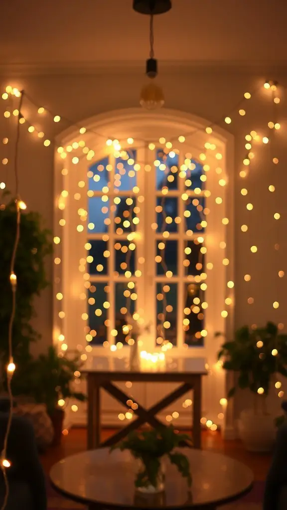 A cozy room decorated with warm fairy lights around a window, creating a romantic atmosphere.