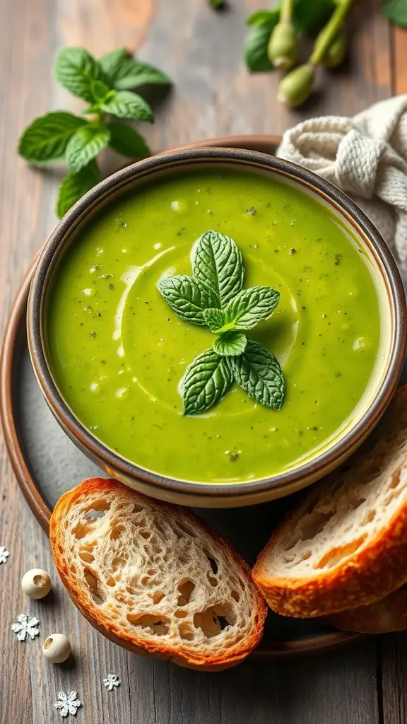 A bowl of vibrant green Spring Pea and Mint Soup garnished with mint leaves, accompanied by slices of bread.