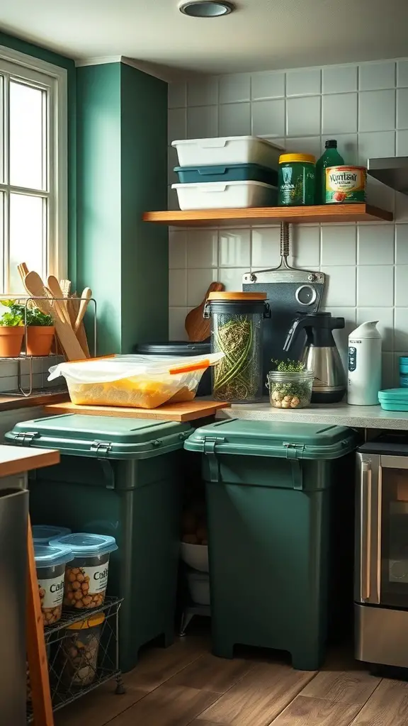 A cozy kitchen corner with green recycling bins, clear food storage containers, and herb pots on the windowsill.