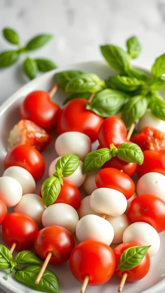 A plate of heart-shaped Caprese skewers with cherry tomatoes, mozzarella balls, and fresh basil.