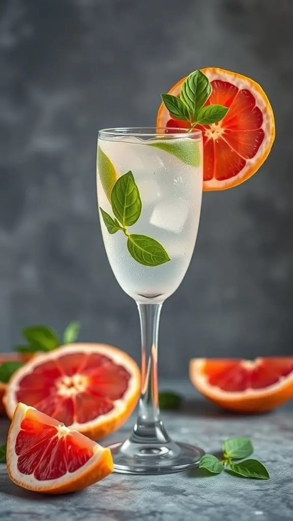 A refreshing Grapefruit and Basil Sparkler drink garnished with grapefruit slices and basil leaves.