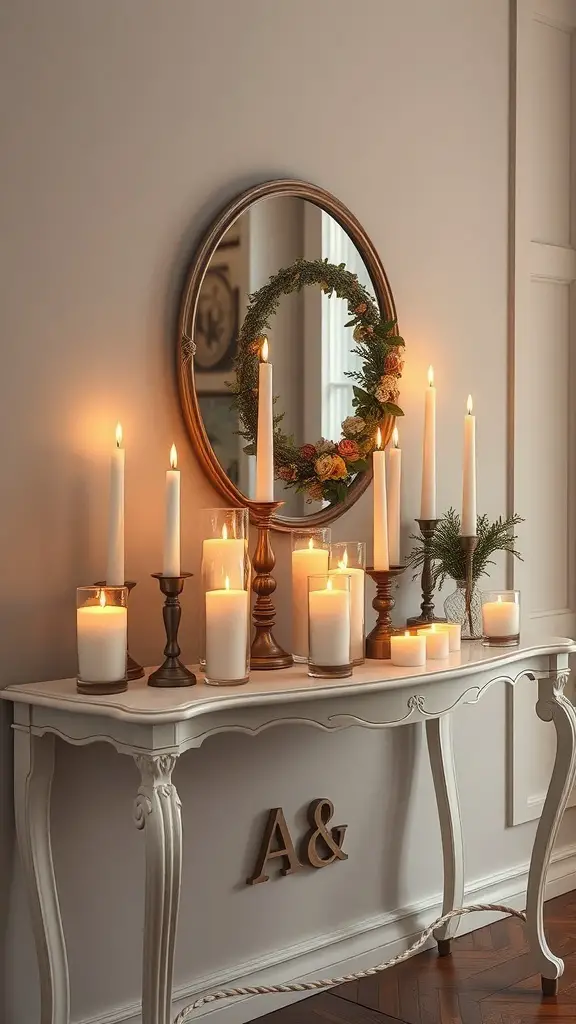 27+ Stunning Console Table Decor Ideas You Need to Try 11 A beautifully decorated console table with various candles, a mirror, and floral accents.