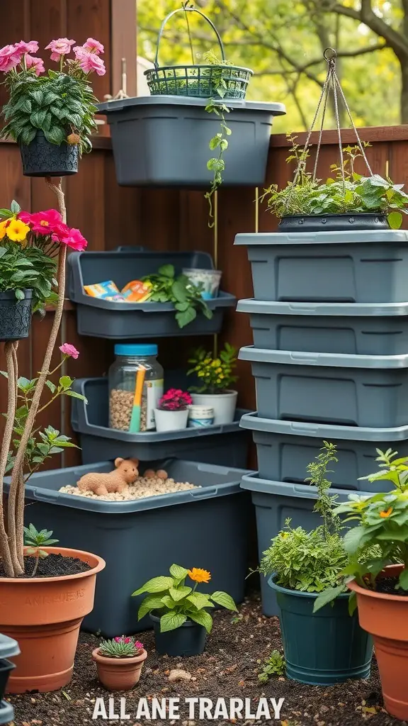 A creative garden setup using plastic boxes as planters and storage.