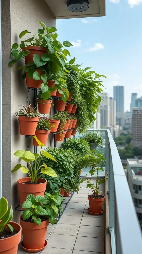 A vertical garden on a balcony with terracotta pots filled with various plants.