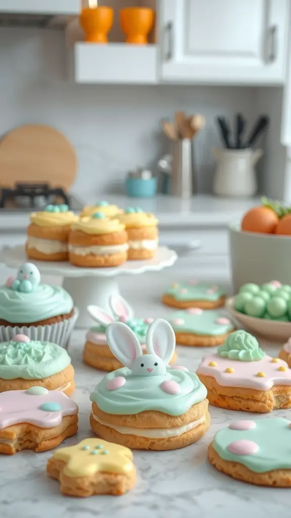 Colorful Easter-themed cookies and cupcakes decorated with pastel icing and cute designs.