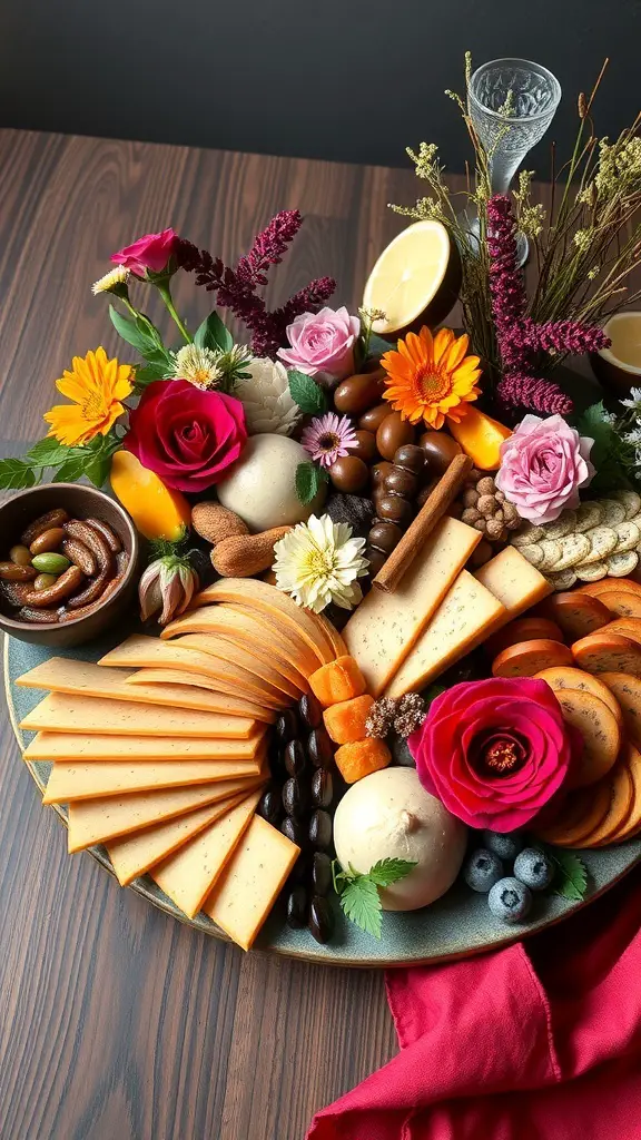 51+ Creative Easter Charcuterie Board Ideas 15 A beautifully arranged Easter charcuterie board featuring seasonal floral accents, colorful cheeses, fruits, and nuts.