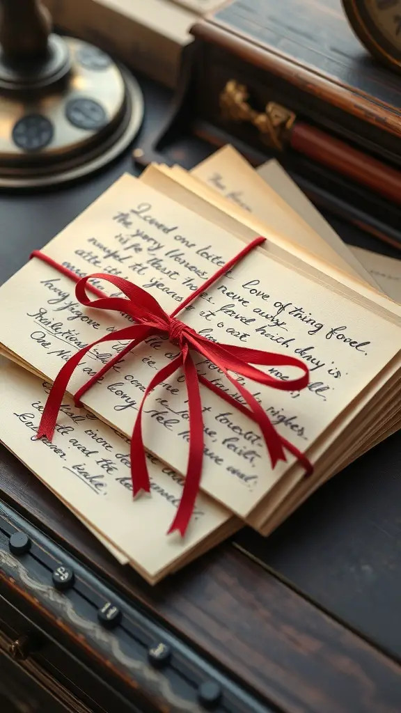 A collection of handwritten love letters tied with a red ribbon on a wooden desk.