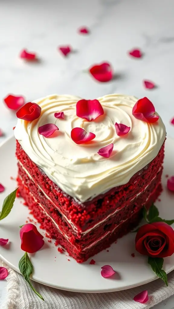 A heart-shaped red velvet cake topped with cream cheese frosting and rose petals.