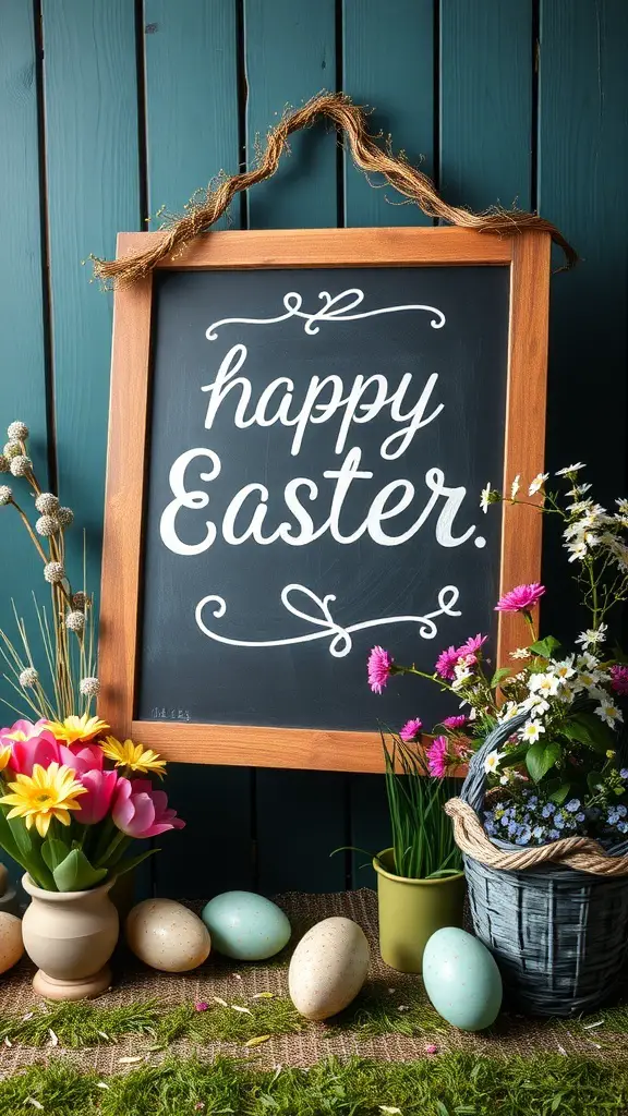 Chalkboard sign saying 'happy Easter' surrounded by flowers and decorative eggs