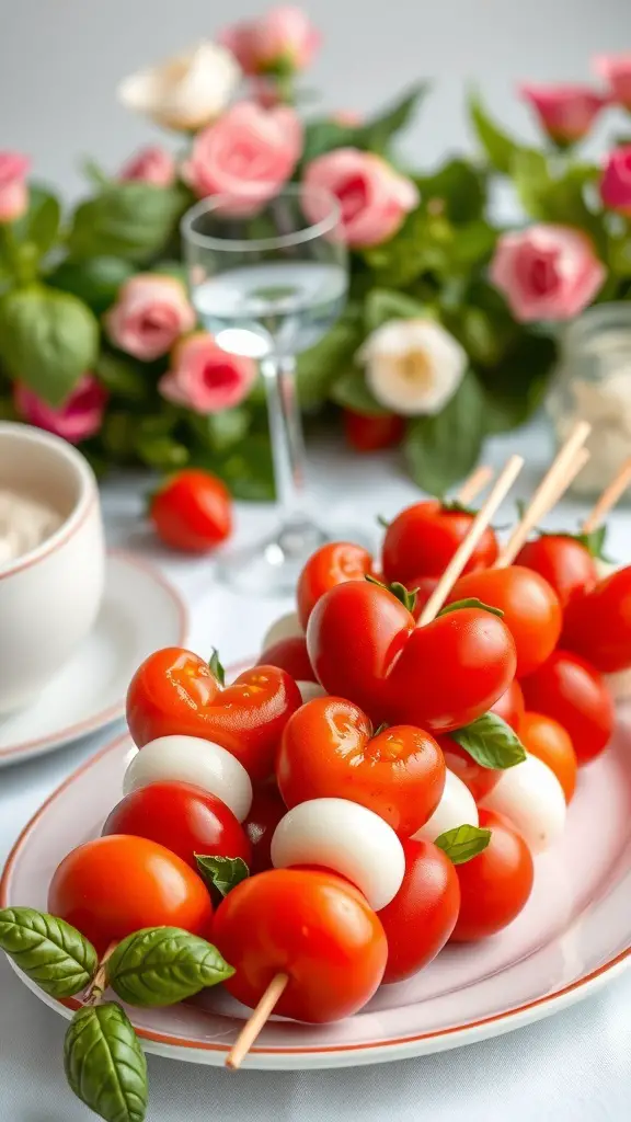 Heart-shaped Caprese skewers with cherry tomatoes, mozzarella, and basil on a plate
