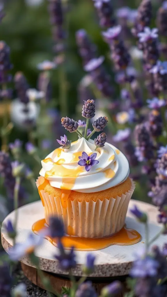 A beautifully decorated lavender honey cupcake with honey drizzle and lavender flowers in the background.