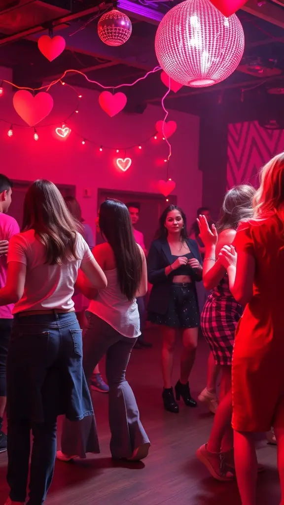 A lively dance party scene with friends dancing under heart-shaped decorations and colorful lights.