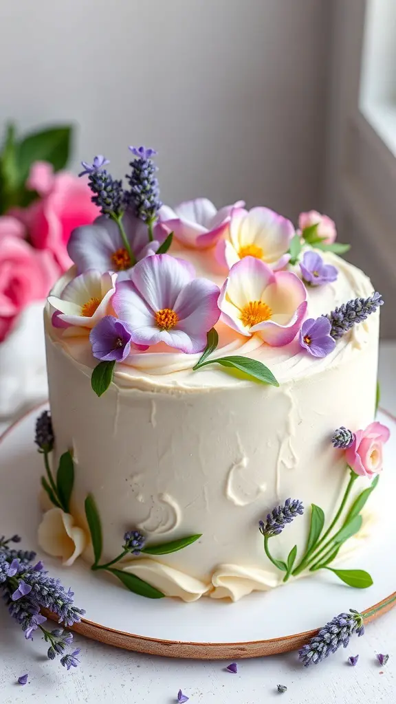 A beautifully decorated spring flower cake with lavender and colorful flowers on top.