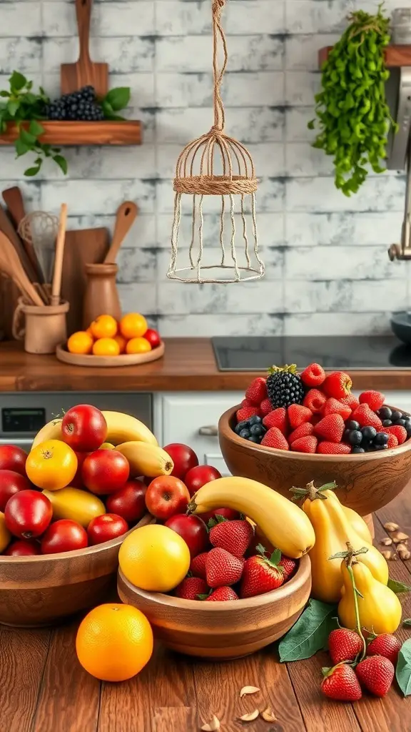 A rustic kitchen with colorful fruit displays in wooden bowls, featuring apples, bananas, strawberries, and oranges.