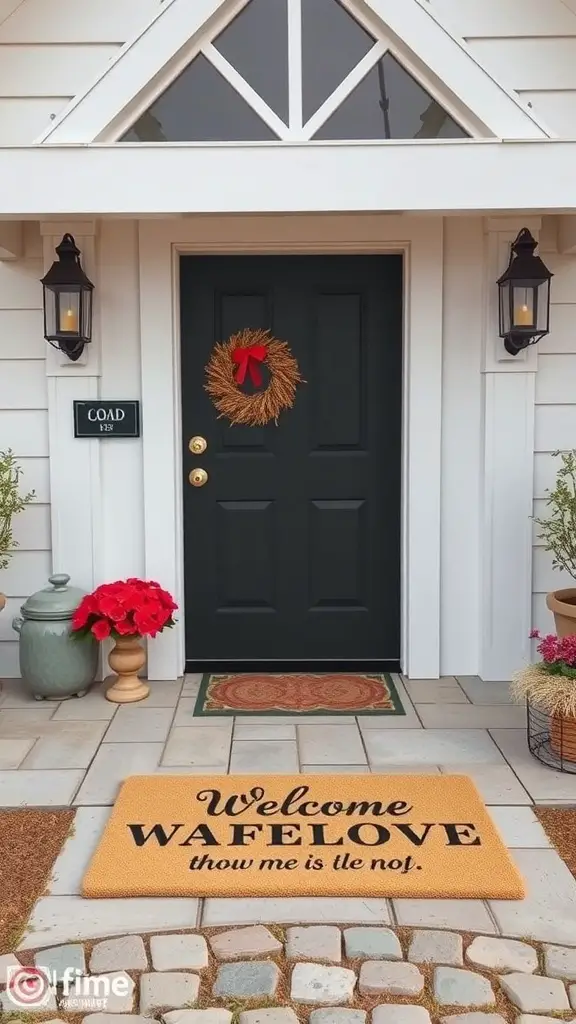 A seasonal door mat with the phrase 'Welcome WAFElOVE' in front of a dark door, accompanied by a wreath and potted plants.
