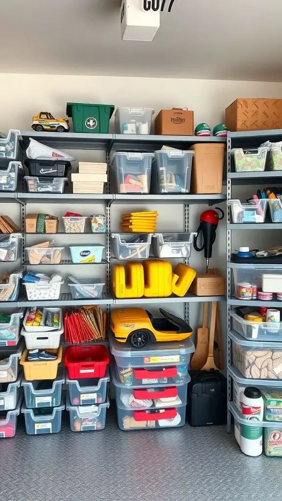 Organized garage shelving with clear storage bins filled with various items.