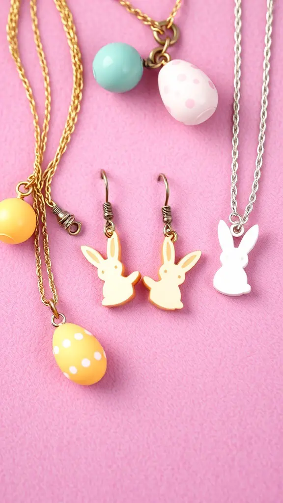 Colorful Easter-themed jewelry including bunny earrings and egg necklaces