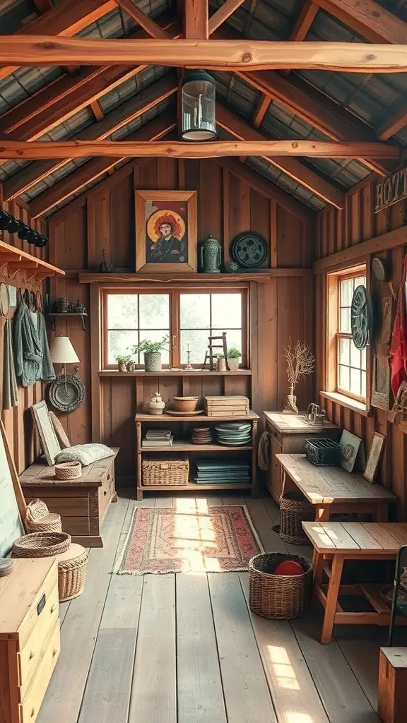 A cozy rustic she shed with wooden beams, vintage decor, and natural light.