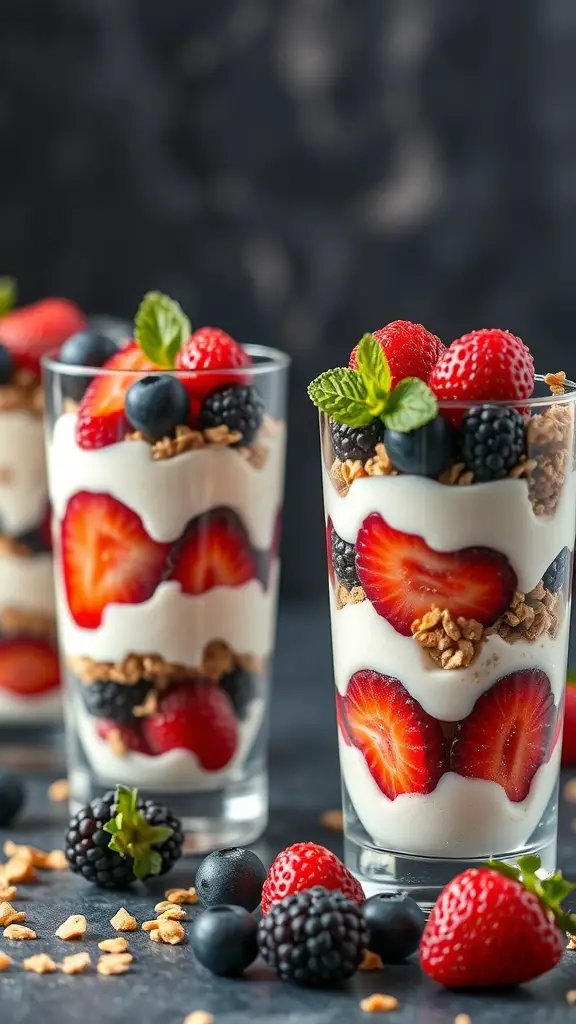 45+ Creative Mother's Day Brunch Ideas 5 Delicious berry and yogurt parfaits in clear glasses, layered with yogurt, fresh strawberries, blueberries, blackberries, and granola, garnished with mint.