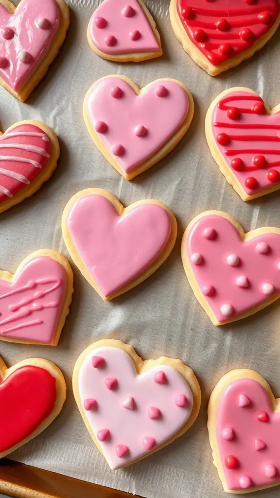 Heart-shaped sugar cookies decorated with pink and red icing.
