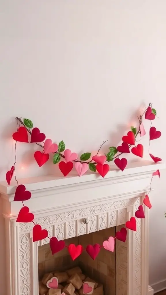 A heart garland made of red and pink hearts with green leaves, hanging above a fireplace.