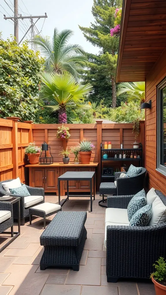 A cozy patio with customized storage solutions, featuring built-in benches and decorative storage options.
