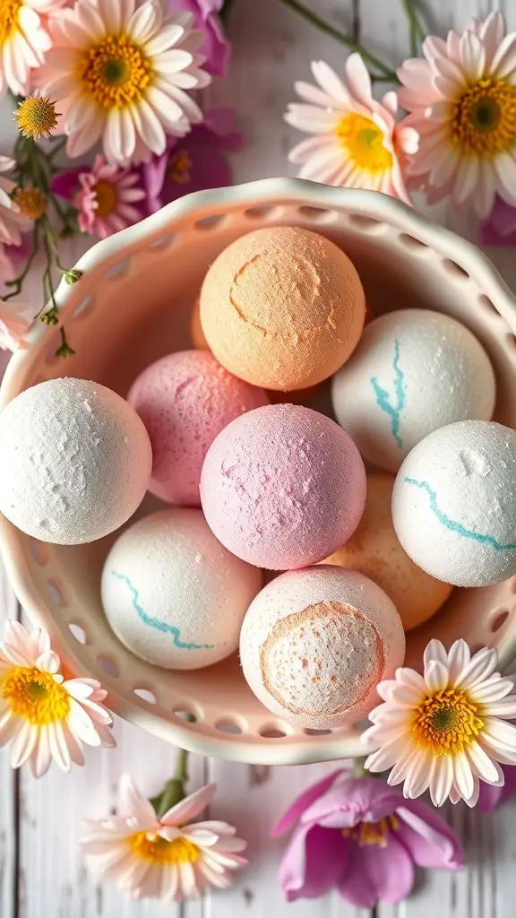 Colorful homemade bath bombs in a basket surrounded by flowers.